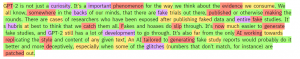 GLTR analysis of a passage written by the author, with many words highlighted red and purple as less predictable