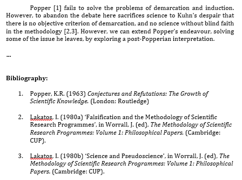Example of numbered referencing, citing Popper and two papers by Lakatos with full references at the end
